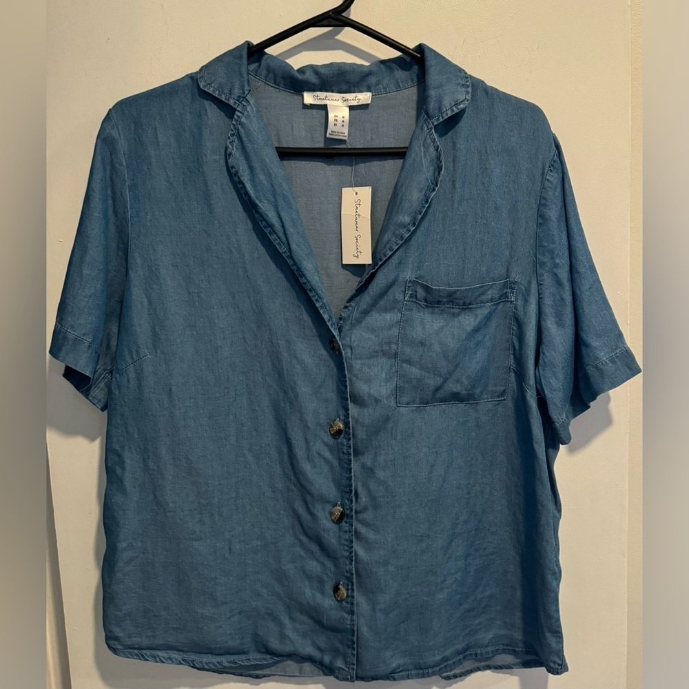 STREETWEAR SOCIETY tencel button up blue relaxed denim blouse top street Y2K M